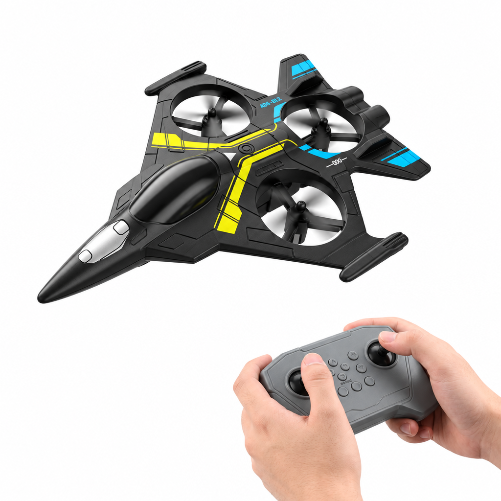 طائرة درون رباعية المحاور 4-Axis UAV 4D-V62 بالتحكم عن بُعد – سوداء بلمسات صفراء وزرقاء، للأعمار 14 عامًا فأكثر