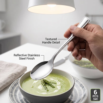 6-Piece Stainless Steel Dinner Spoon Set – Silver Reflective Finish | Tableware for Everyday Dining