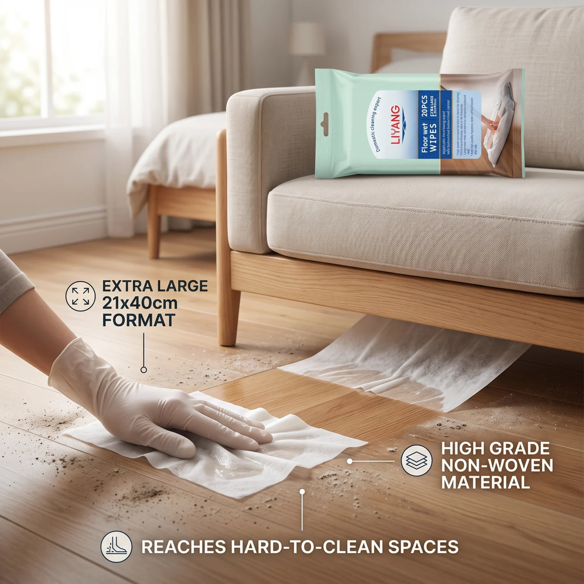 LIYANG Floor Wet WIPES – EXTRA LARGE 21x40cm, 20PCS | High Grade Non-Woven Fragranced Cleaning Wipes for Floors, Living Rooms and Hard-to-Reach Areas