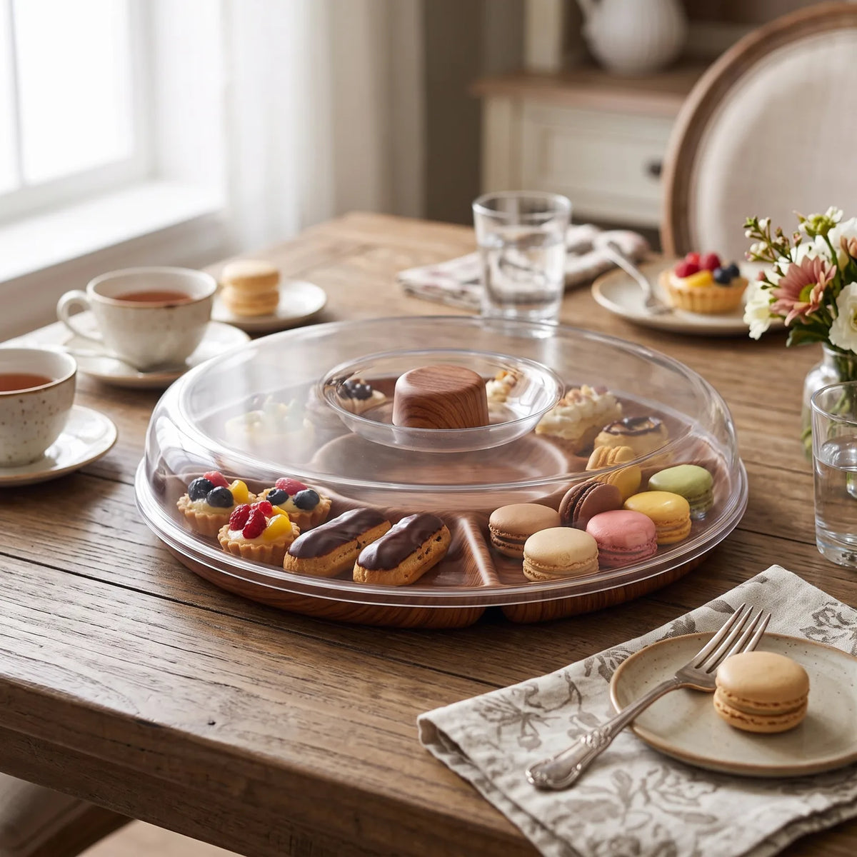 Cake Stand with Domed Cover – 30 x 23 x 5 cm | Clear Cover, Raised Rim & Wood-Grain Presentation Base for Cakes and Desserts