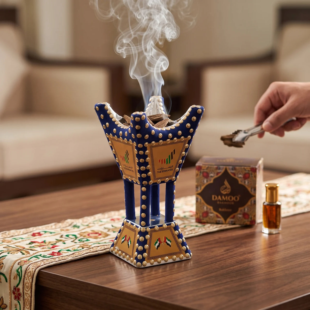 UAE Nation Brand Wooden Blue and Gold Bakhoor Incense Burner (Mabkhara) – 26cm National Day Decorative Incense Holder