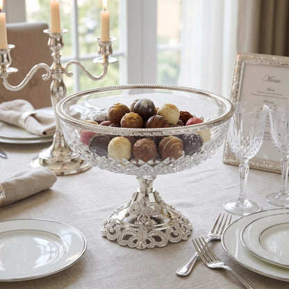 Glass Serving Bowl 28 cm × 22 cm – Elevated Pedestal Design | Faceted Clear Glass with Decorative Metal Base and Rim - Silver - Image 3