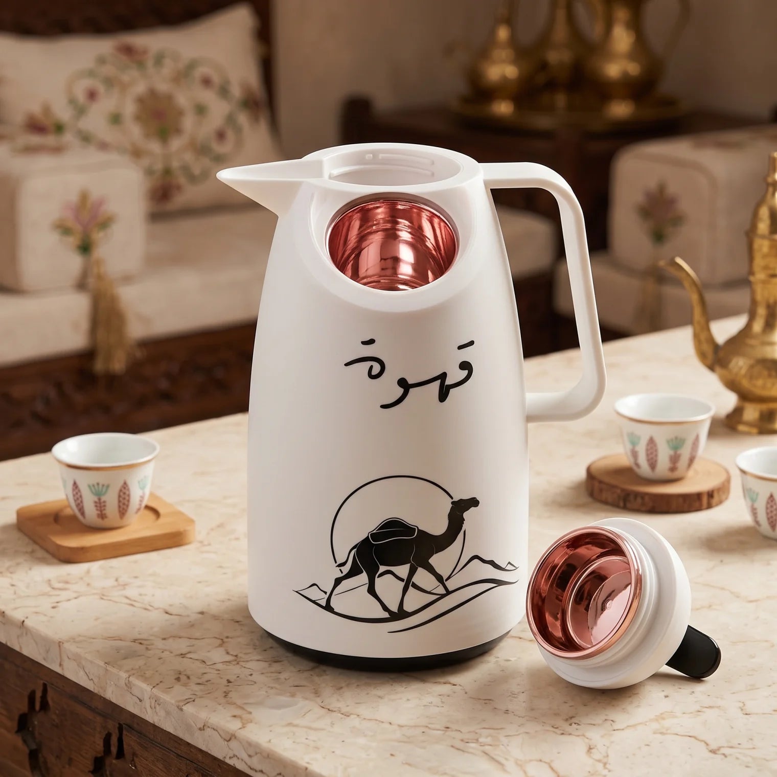 Crystal House White Vaccum Flask 1 Liter – Black Desert & Camel Artwork, Qahwa Calligraphy, Leak Proof