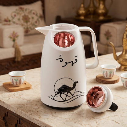 Crystal House White Vaccum Flask 1 Liter – Black Desert & Camel Artwork, Qahwa Calligraphy, Leak Proof