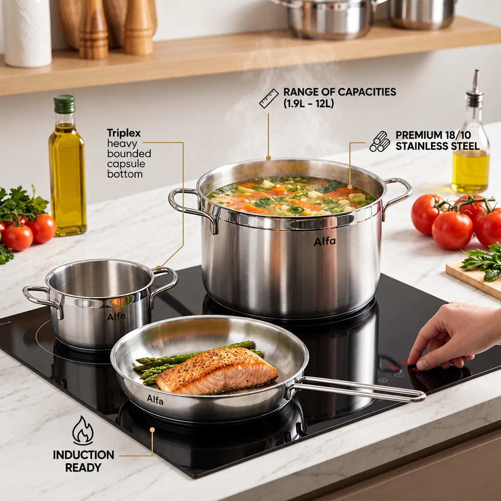 Alfa 15 Pieces Premium Stainless Steel Cookware Set – Induction Base, Silver Pots and Pans with 2.0–12L Capacities