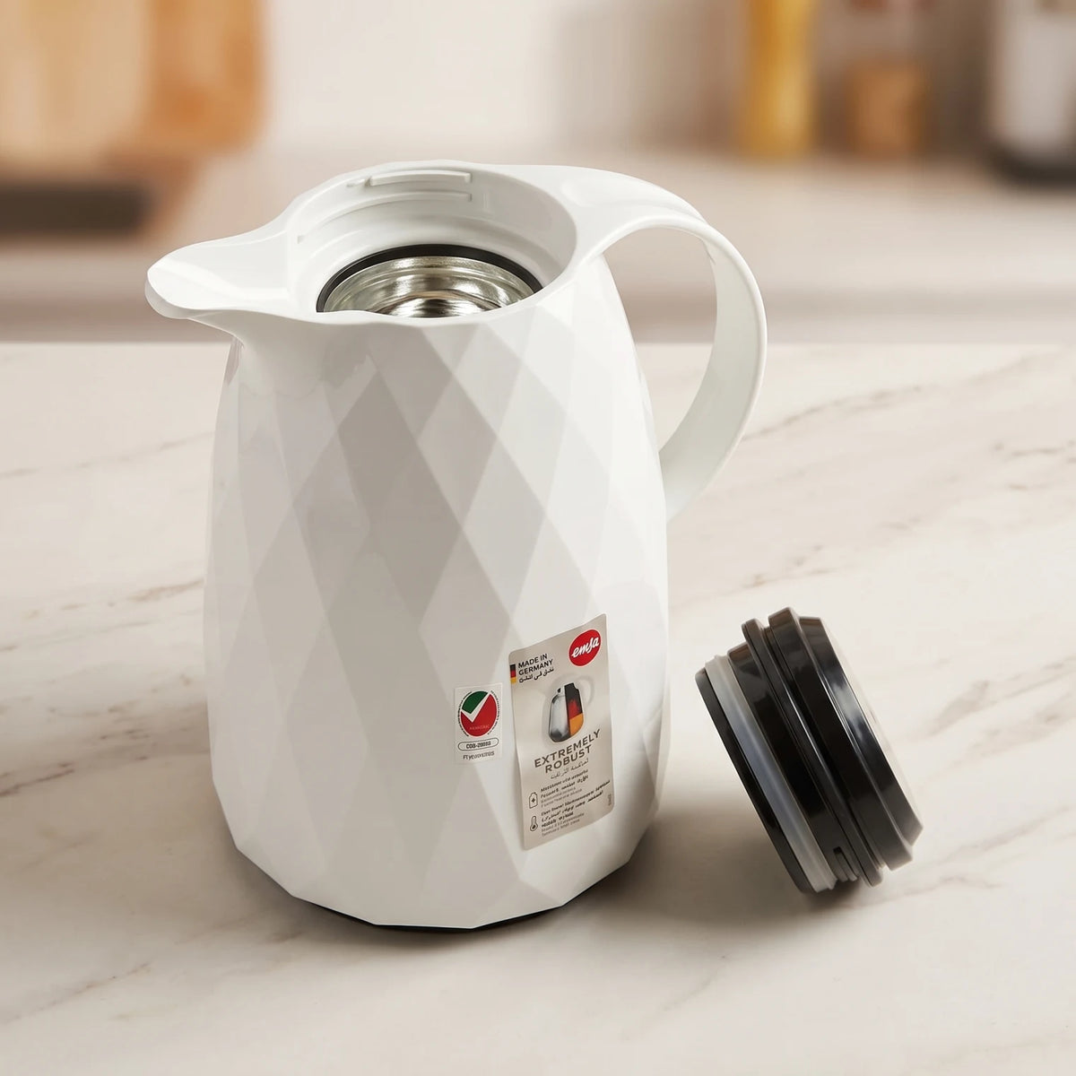 Emsa Auberge Diamond White Vacuum Flask 1.5 Liter – Premium Plastic Body | Leak Proof | Keeps Drinks Hot 12 Hours or Cold 24 Hours