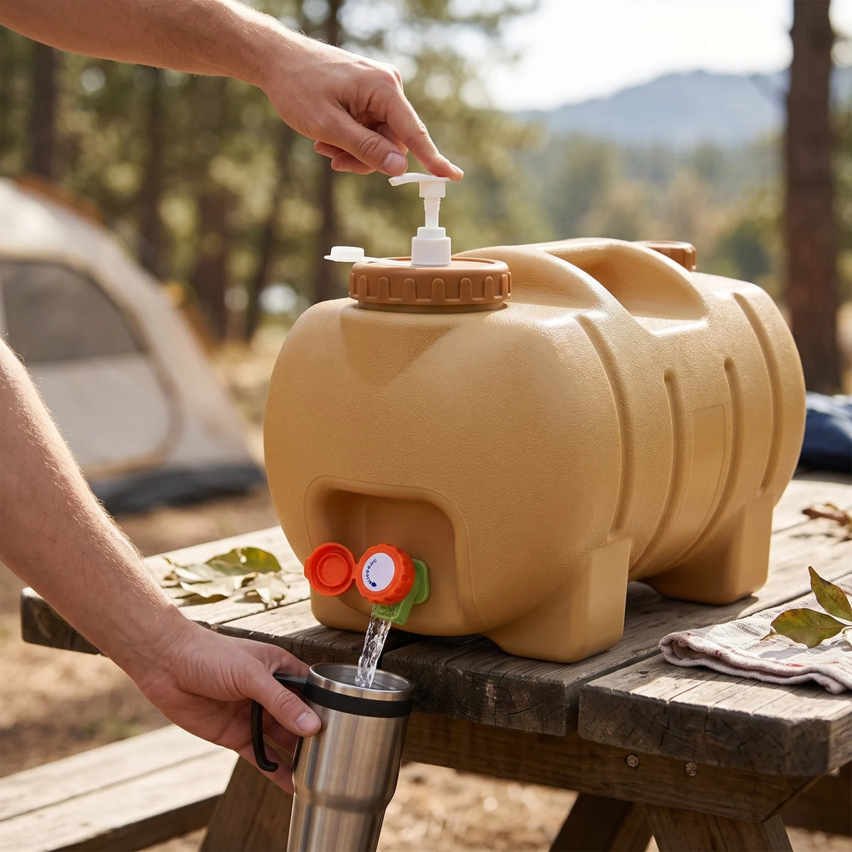 20L Portable Camping Water Container with Faucet and Pump Dispenser – Tan Molded Plastic, 31 x 29 x 42 cm for Outdoor Water Storage