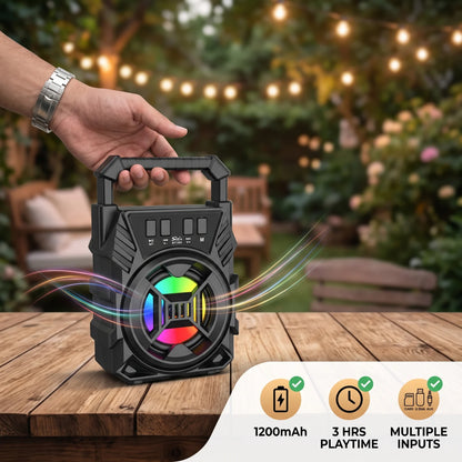 Sing-e BT1305 Portable Audio Speaker – Black | 1200mAh Battery, 3 Hours, AUX, CARD & U Disk, Multicolor LED Lights