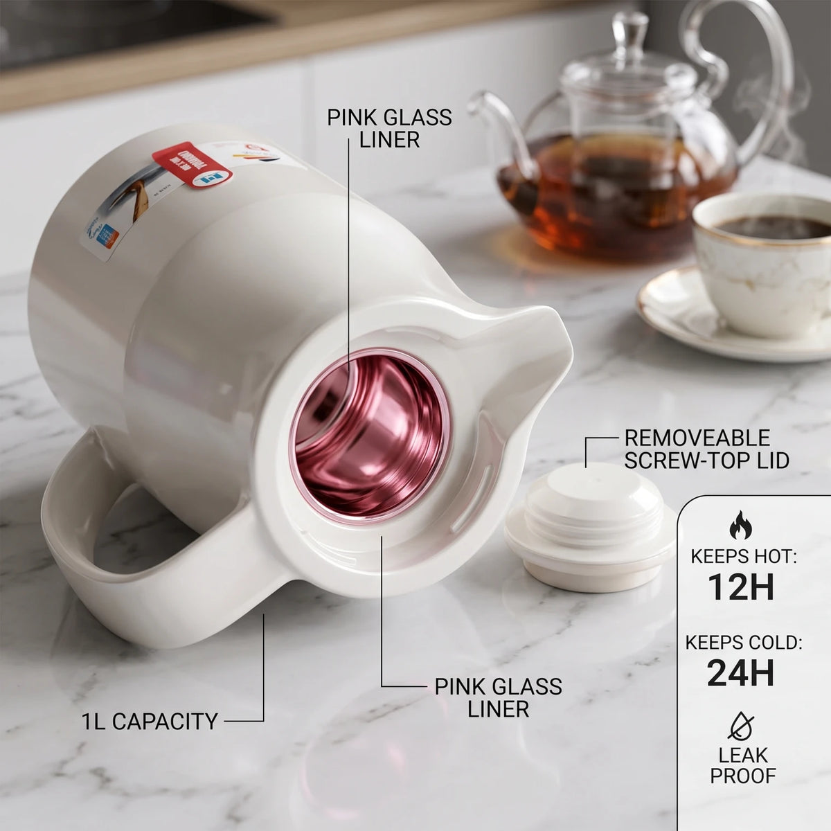 Markutec German-made Pearl White vaccum flask 1 Liter – Leak Proof, Keeps Drinks Hot 12 Hours or Cold 24 Hours, for Tea and Coffee