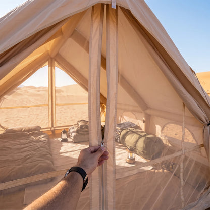 Large Beige Inflatable Tent for Camping – 200 x 210 x 300 cm Peaked Roof Shelter with Large Side Window and Fabric Panels