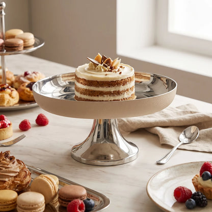 Cream Metal luxury stand (small) – 14cm H x 22cm W x 29cm L | Raised Cake Stand | Silver and Beige Finish