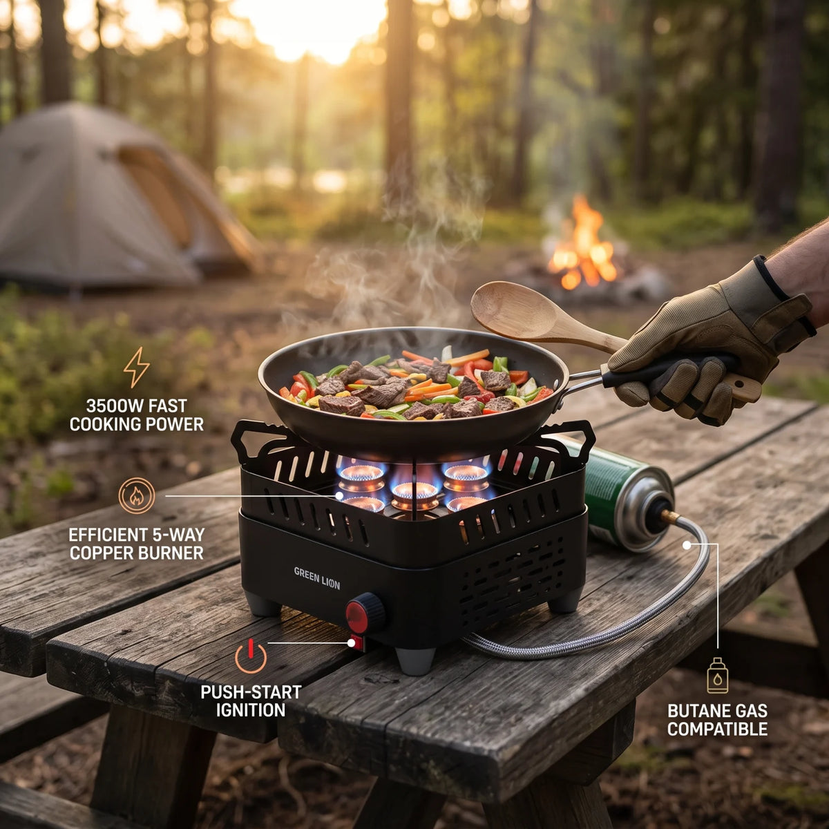 GREEN LION CAMPFIRE Portable Camping Gas Stove – 3500W 5-Way Copper Burner, Butane Compatible, Push-Start Ignition for Outdoor Cooking, Black