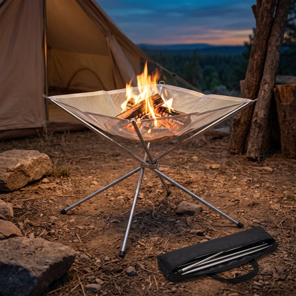 Stainless Steel Mesh Burner – Portable Folding Outdoor Fire Pit | Silver Small & Medium | Four-Leg Stand, Mesh Fire Net and Storage Bag - Silver / Medium - Image 3