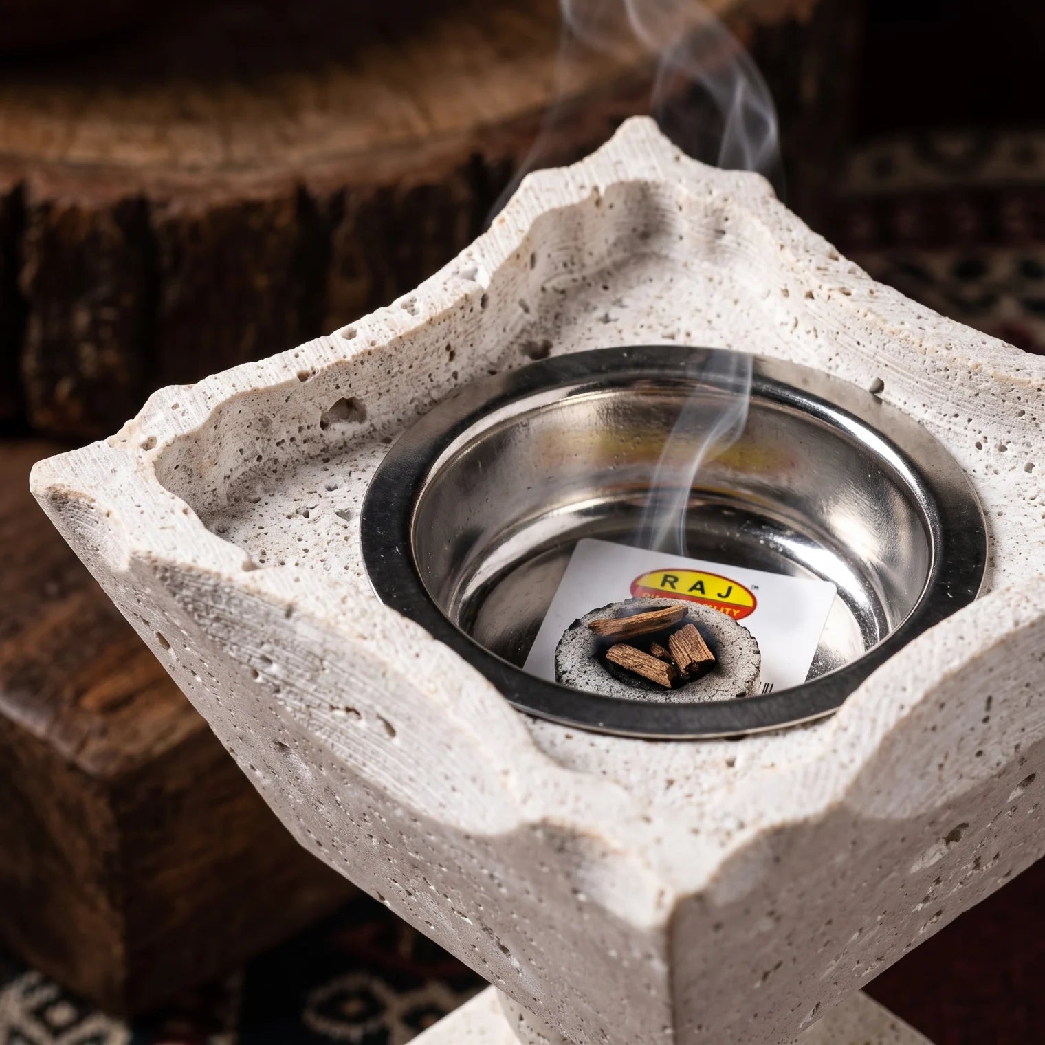Natural Travertine Stone Madkhan – 13cm | White Textured Body | Silver Recessed Bowl | Stepped Decorative Incense Holder