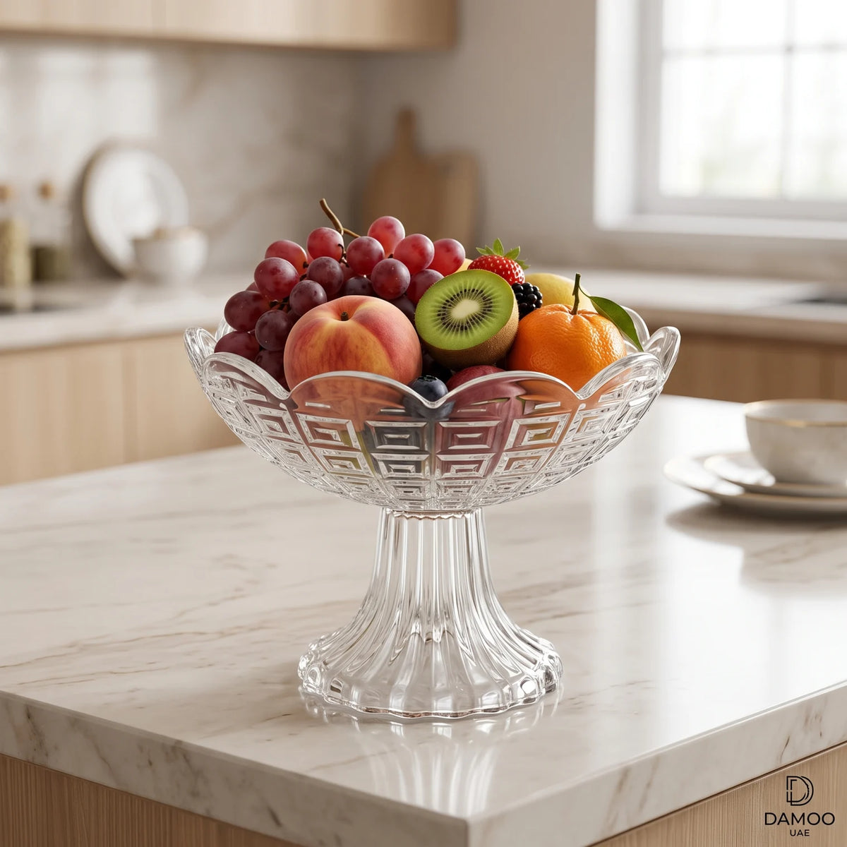 Decorative Glass Fruit Bowl – 16 x 16 x 12 cm | Greek-Key Pattern | Fluted Pedestal Base | For Fruits and Desserts