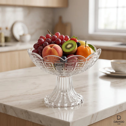 Decorative Glass Fruit Bowl – 16 x 16 x 12 cm | Greek-Key Pattern | Fluted Pedestal Base | For Fruits and Desserts