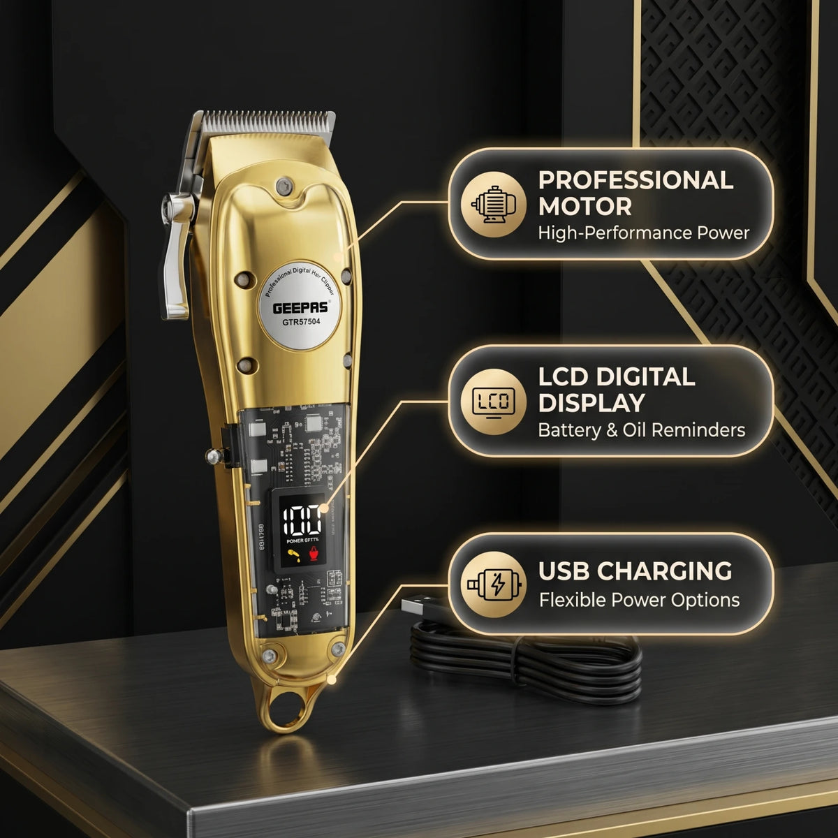 GEEPAS Professional Digital Hair Clipper GTR57504 – Gold | USB Charging, LCD Battery Display, Oil Reminder & Professional Motor