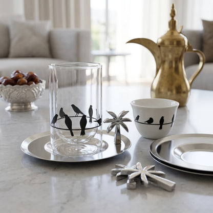 Fashion Home Elegant 18-Piece Tea & Coffee Set with Double-Wall Glass Cups, Metallic Saucers, Bird Pattern Cups & Palm Tree Ornaments