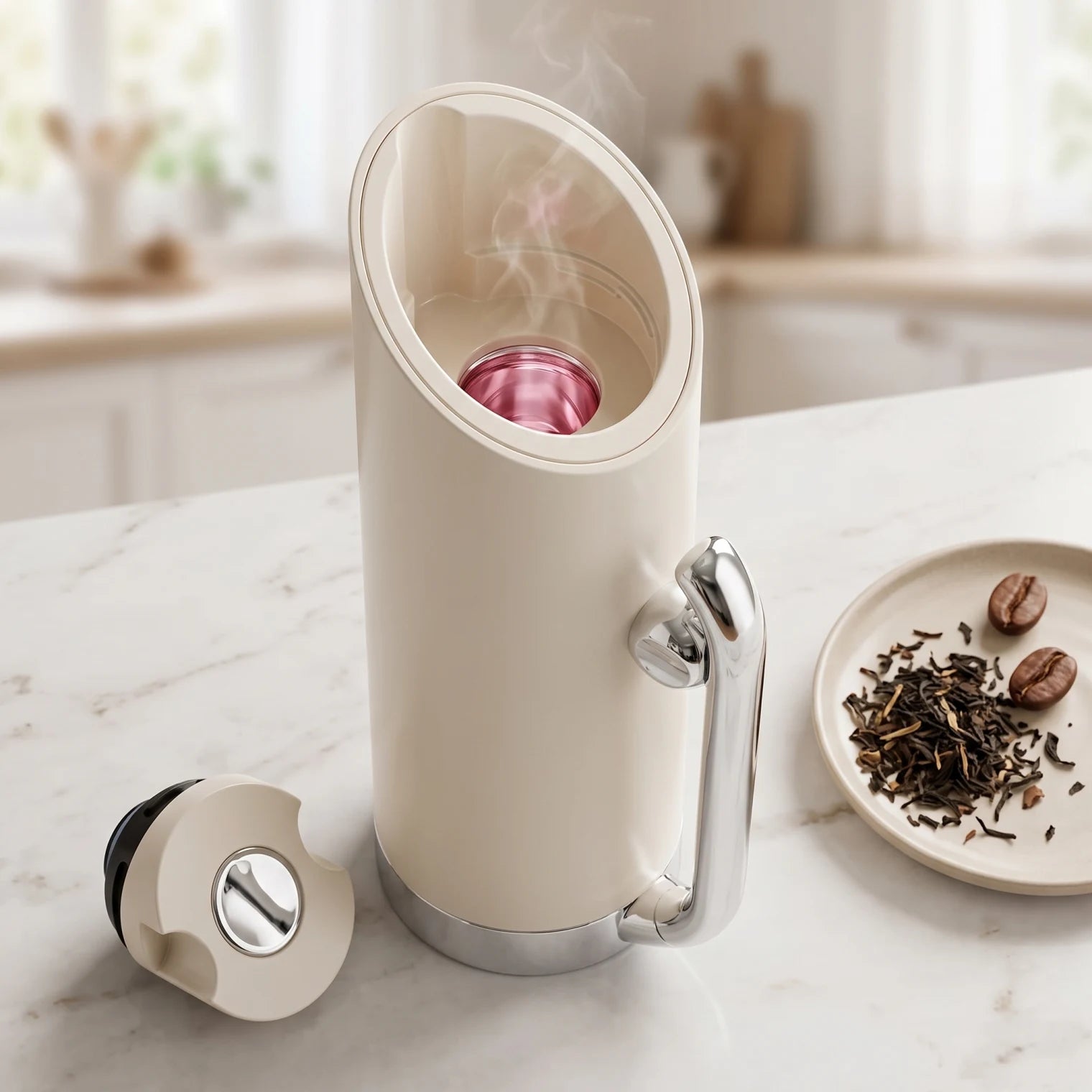 MAHRA Cream vaccum flask 0.8 Liter – Plastic Body | Steel Handle and Base | Leak Proof Tea and Coffee Flask