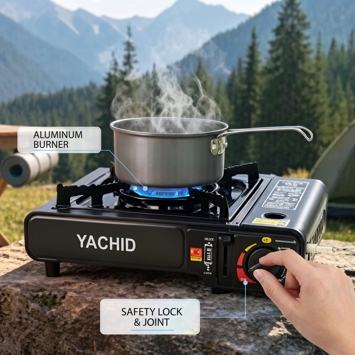 YACHID Portable Gas Stove – 34 x 27 x 11 cm | Black Glass Cooktop with Gas Burner and Control Knobs