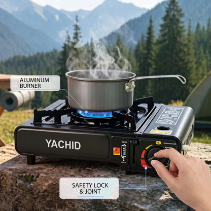 YACHID Portable Gas Stove – 34 x 27 x 11 cm | Black Glass Cooktop with Gas Burner and Control Knobs
