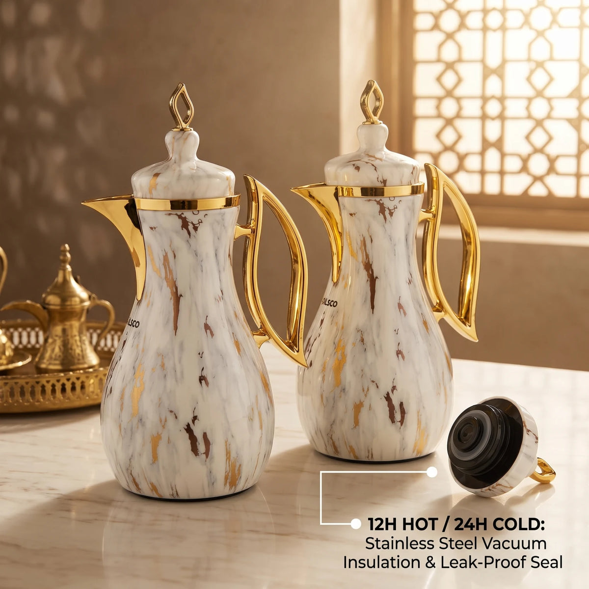 Pilsco 2-Piece Marble White - Gold Decorative Vacuum Flask Set, Arabic Design, Stainless Steel, 1.0 + 1.0 Liters