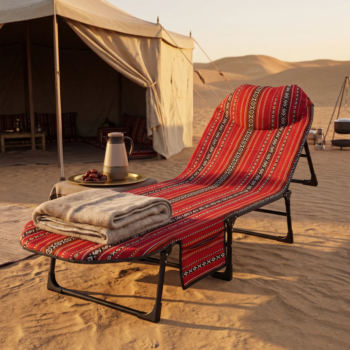 Foldable Outdoor Camping Bed – Red and Black Arabic Sadu Pattern Fabric, 190cm Length, Portable Folding Bed for Outdoor Use