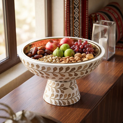 Decorative Footed Bowl Large – White and Gold with Hammered Metallic Gold Interior, Botanical Leaf Detail, 19 × 30 cm
