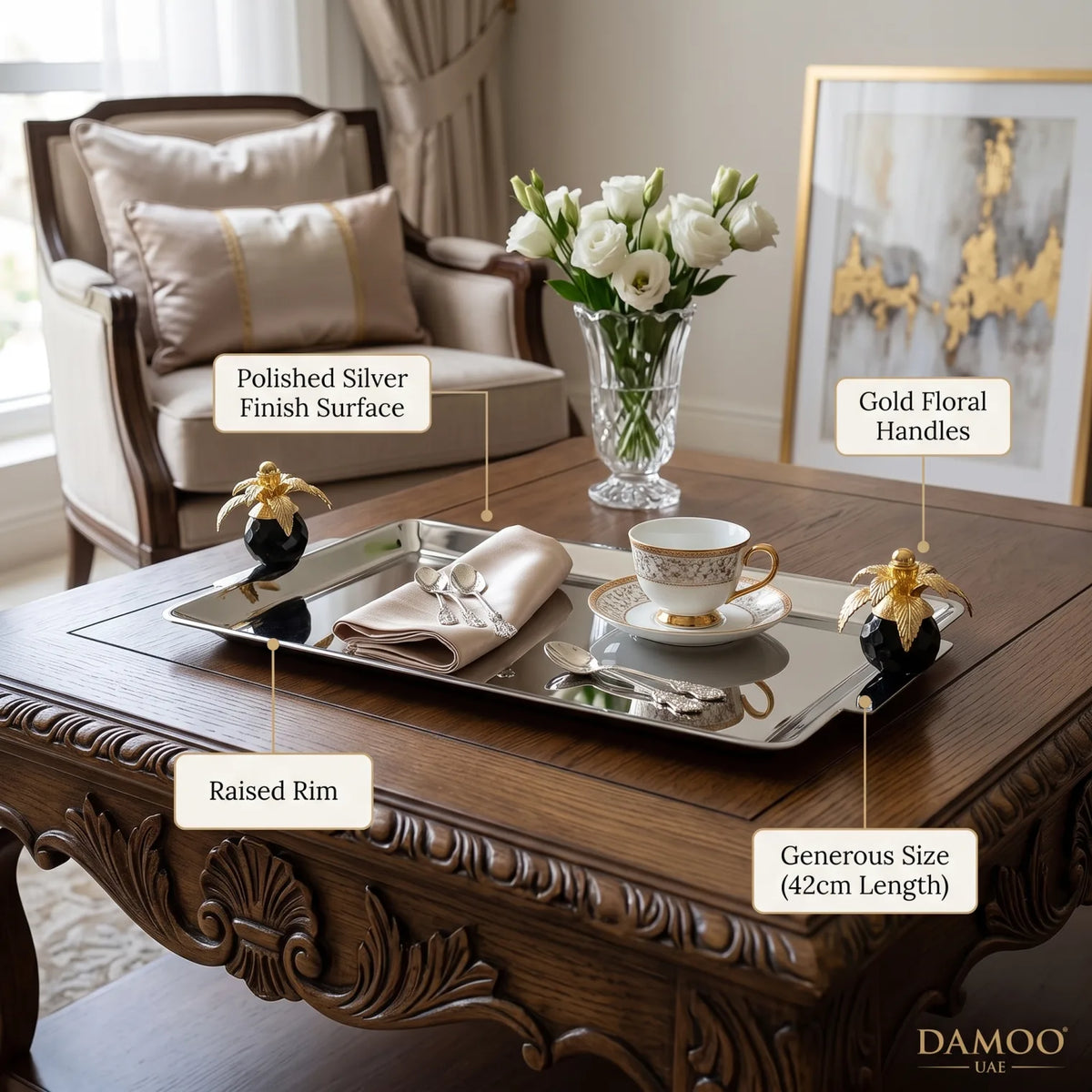 Luxury Sleek Metal Rectangular Decorative Tray – 42 x 20 x 9 cm | Polished Silver Finish with Gold Floral Handles