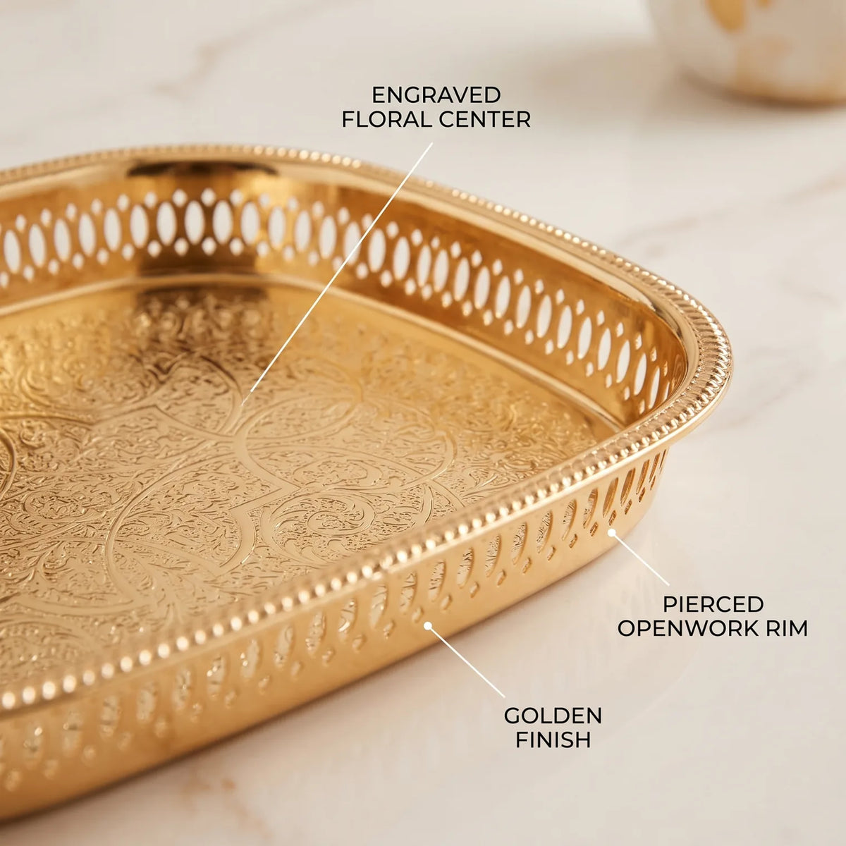 Najib Golden Rectangular Metal Serving Tray – 30 x 23 x 4 cm | Engraved Floral Center | Pierced Openwork Rim