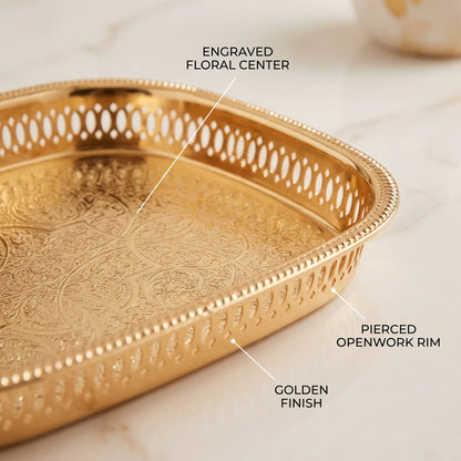 Najib Golden Rectangular Metal Serving Tray – 30 x 23 x 4 cm | Engraved Floral Center | Pierced Openwork Rim