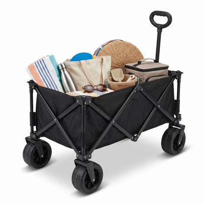 Heavy Duty Black Collapsible Folding Utility Wagon Cart – 84 H x 57 W x 100 L cm | 4-Wheel Fabric Wagon for Camping, Shopping, Beach and Garden Transport