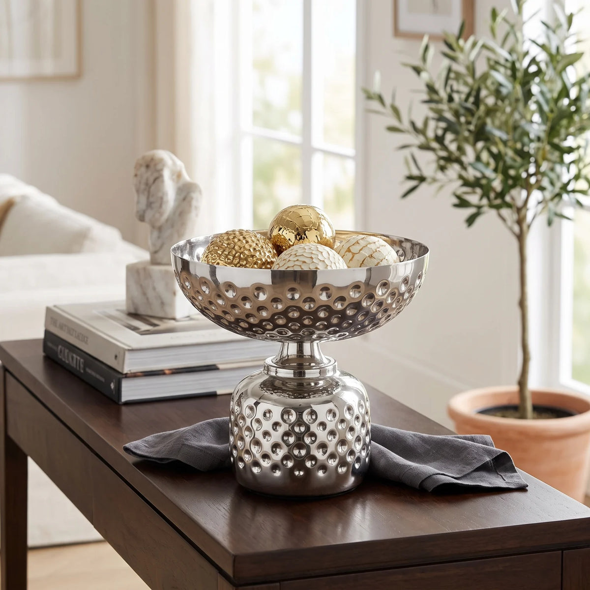 Silver Metal Decorative Bowl Medium – 19 x 20 x 20 cm | Raised Pedestal Base | Reflective Finish | Decorative Home Display