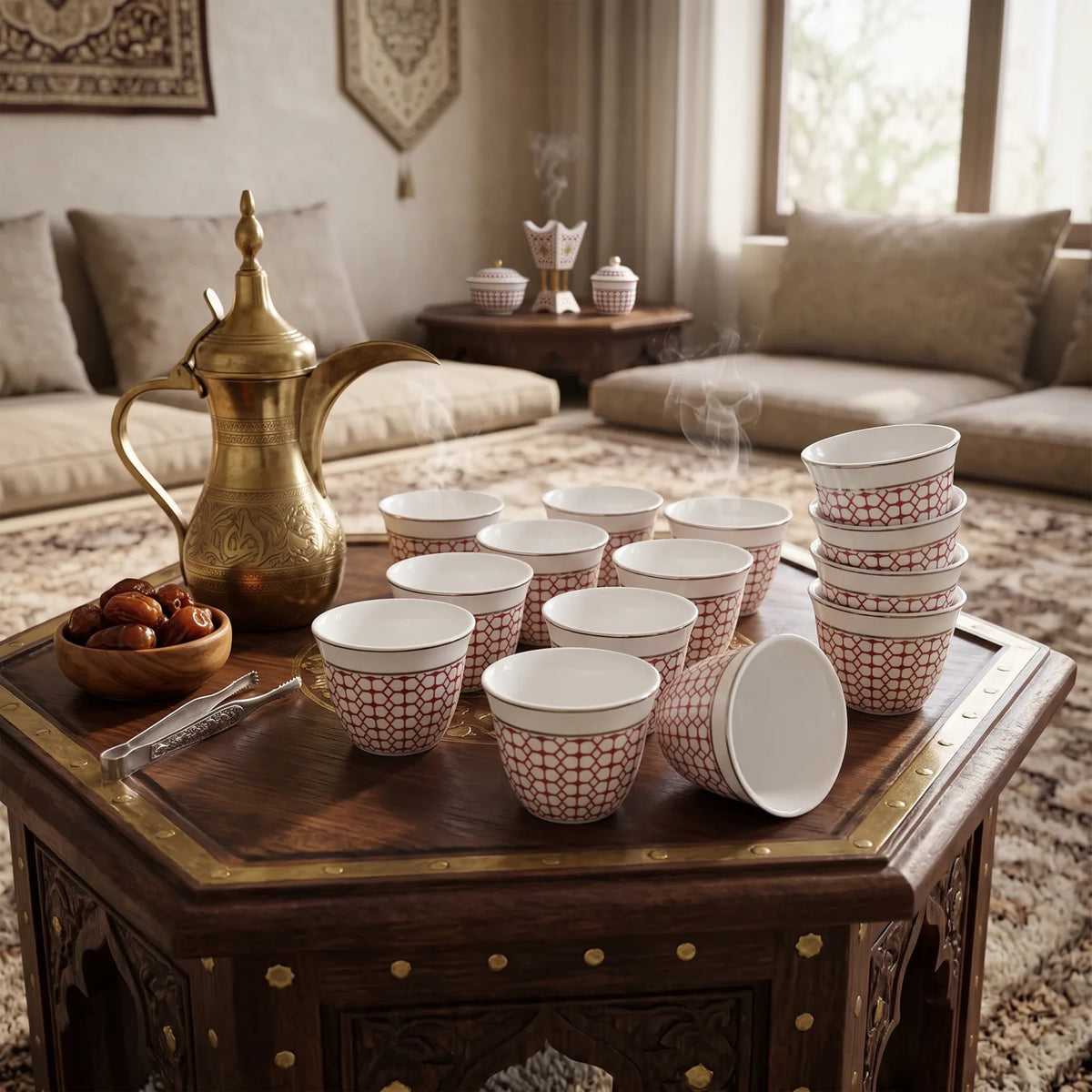 WINDCERA Porcelain 12-Pieces Gahwa Cup Set – White Cups with Red Geometric Lattice Pattern and Metallic-Colored Rims, 4 x 7 x 7 cm Each