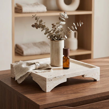Natural Travertine Marble Tray Stand – 29 x 29 x 6 cm | Decorative Serving and Display Stand