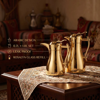Pilsco 2-Piece Plain Gold Premium Vacuum Flask Set – Arabic Design, 0.7 + 1.0 L | Tea & Coffee, Leak Proof, Hot & Cold Keeping