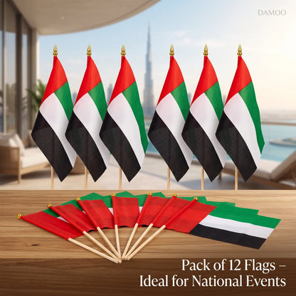 UAE Flag 30 x 45 cm, Pack of 12 – Handheld United Arab Emirates National Flags with Wooden Sticks and Gold-Colored Finials