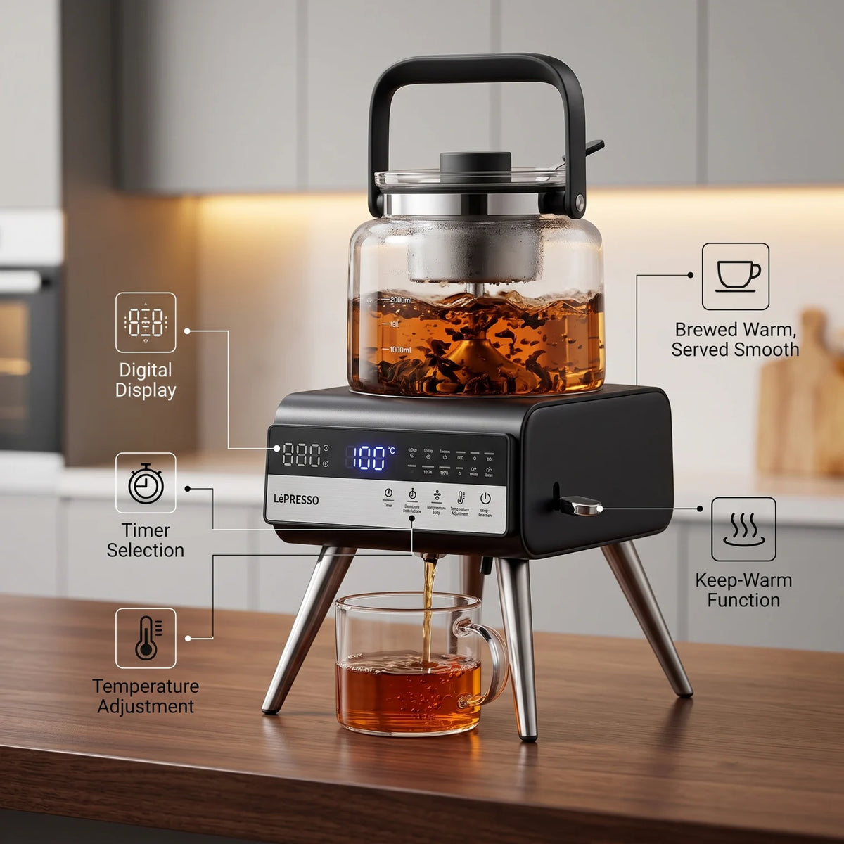 LePRESSO BREWIFY TEA BREWER With Digital Display – 1000ml Electric Tea Brewer | Timer Selection | Temperature Adjustment | Keep-Warm Function