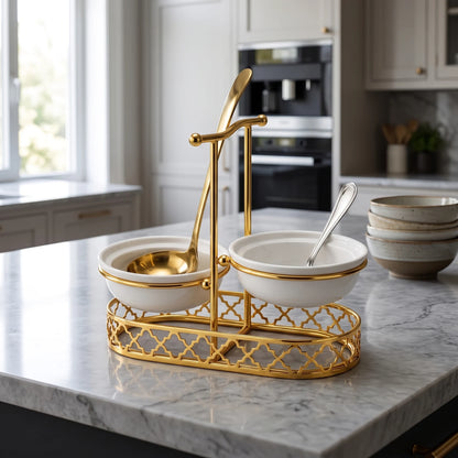 Pilsco Stainless Steel, ceramic white and golden Double Ladle Holder – Vertical Spoon Rest, Two Ceramic Areas, 19 x 11 x 22 cm Kitchen Stand - Design-1 - Image 3