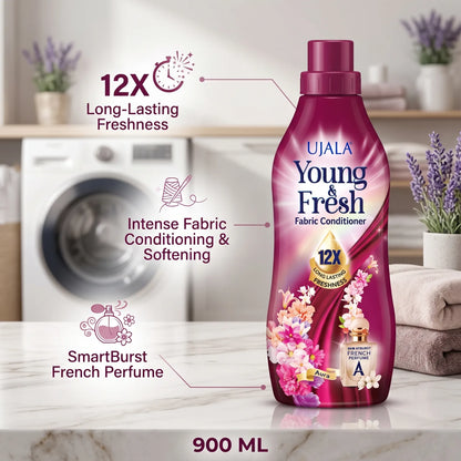UJALA Young & Fresh Aura Fabric Conditioner 900 ML – Laundry Fabric Softener with 12X Long Lasting Freshness and SmartBurst French Perfume