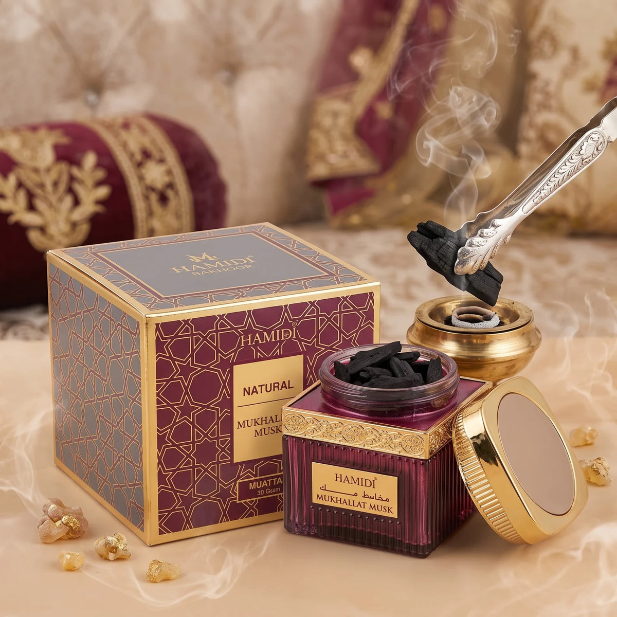 HAMIDI bakhoor 50 grams – Natural Mukhallat Musk Muattar Fragrance Incense in Ornate Burgundy Gold Patterned Box