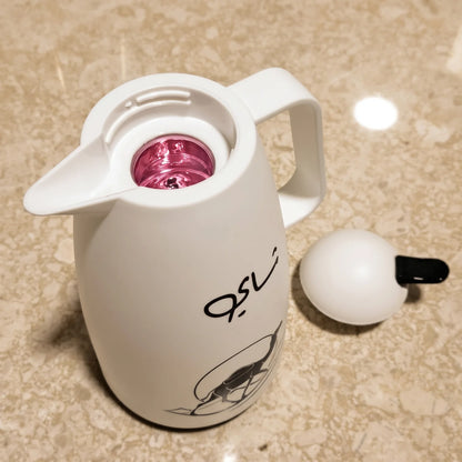 Crystal House White Vaccum Flask 1 Liter – Plastic Body, Pink Glass Interior, Leak-Proof Tea & Coffee Flask, Keeps Drinks Hot or Cold for 12 Hours