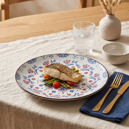 26 CM Ceramic Dinner Plate – Blue and Red Floral Pattern with Central Medallion and Decorative Brown Rim