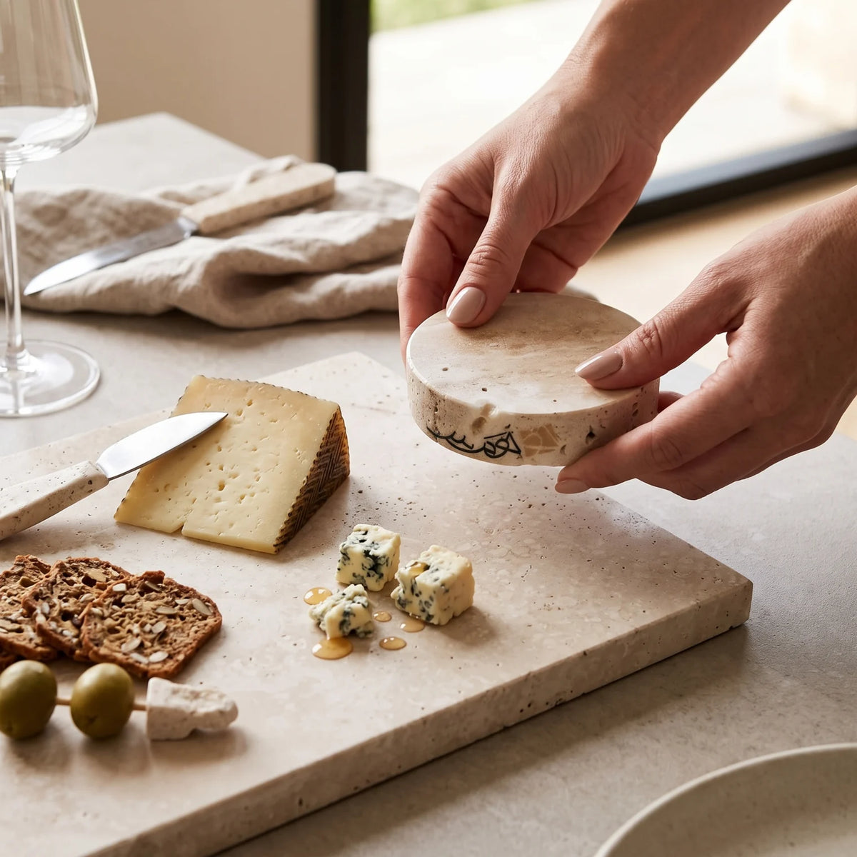 Natural Travertine Stone Serving Tray with Round Handles – 46 x 21 x 4 cm | Rectangular Tabletop Serving Board