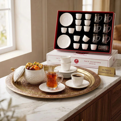 Rose tea & gahwa complete set – Glass Tea Cups, Porcelain Arabic Coffee Cups, Saucers, Lidded Candy Jar & Presentation Box