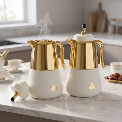 LALOZA 2-Piece White Textured Gold Premium Vacuum Flask Set – 1.0L + 1.0L | Leak-Proof Tea and Coffee Serving Flasks