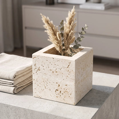 Natural Stone Travertine Vase – 13 x 16 x 16 cm | Off-White & Beige | Square Open-Top Design | Textured Home Décor