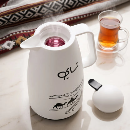 Crystal House White Vacuum Flask 1 Litre – Plastic Body | Pink Glass Interior | Arabic Desert Artwork | Chai Calligraphy | Leak Proof