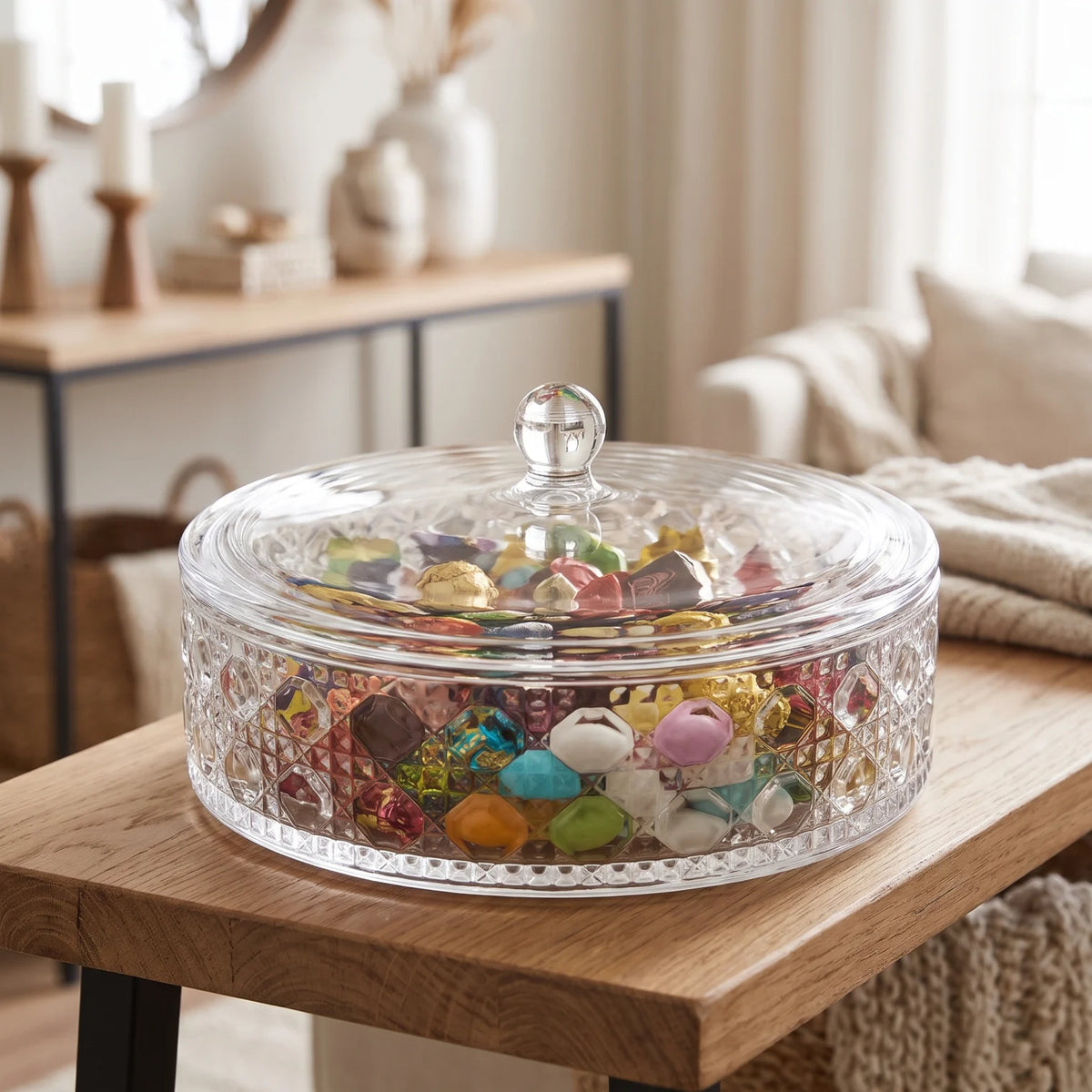 AML Glass Candy Pot – 25.5 CM Covered Glass Dish with Clear Dome Lid and Decorative Geometric Pattern