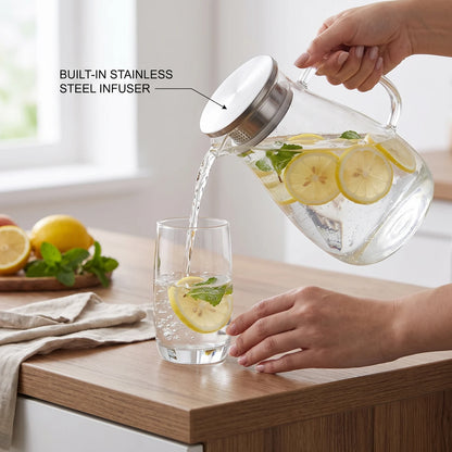 FAMILYSHIP Borosilicate Glass Jug 2500ml – Built-In Infuser, Fitted Lid, Spout and Handle | Clear Tea and Beverage Server